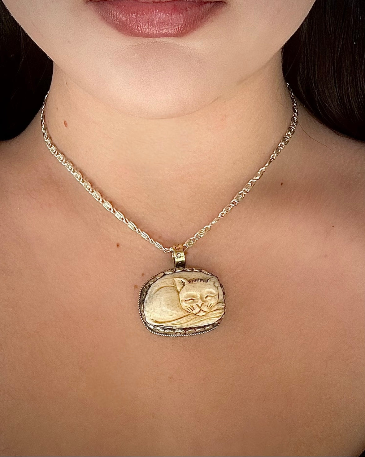 Carved Cat Pendant Necklace