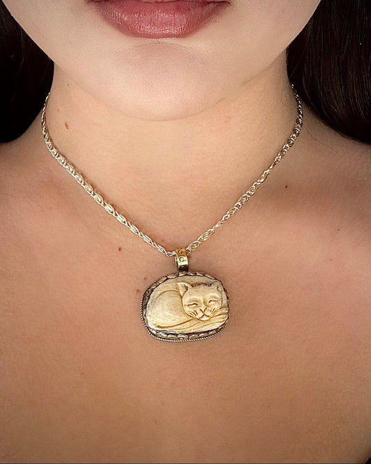 Carved Cat Pendant Necklace